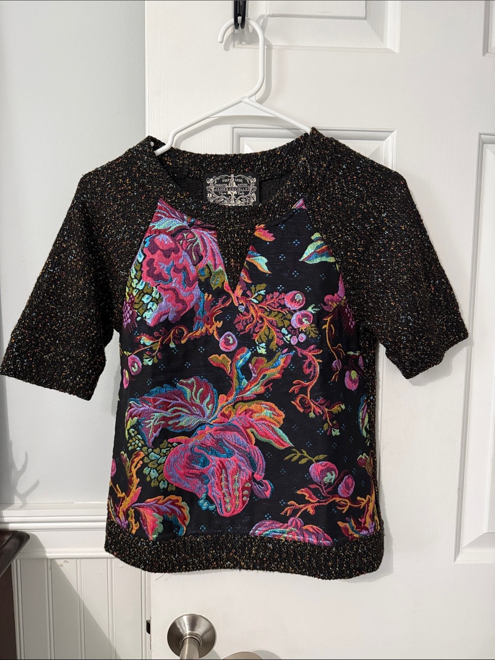 Anthropologie Black Floral Patchwork Short-Sleeve Blouse by James Coviello